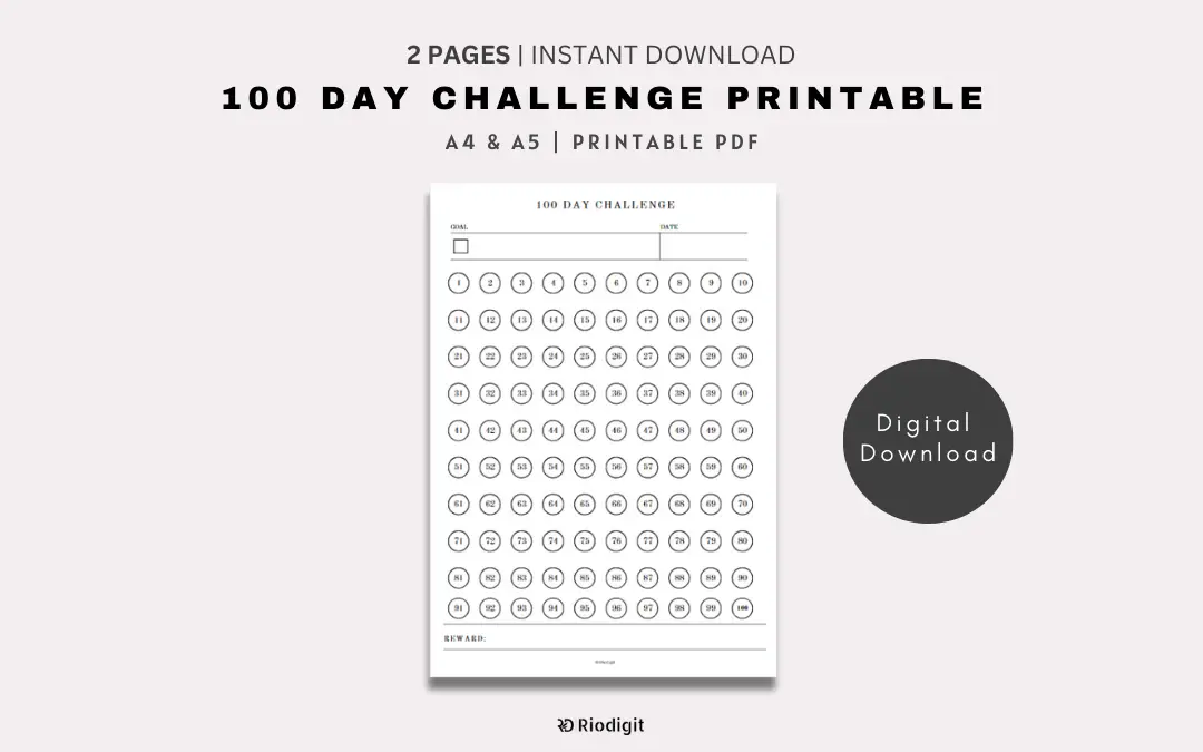 100 Day Challenge Printable - Riodigit: Design assets Printables ...