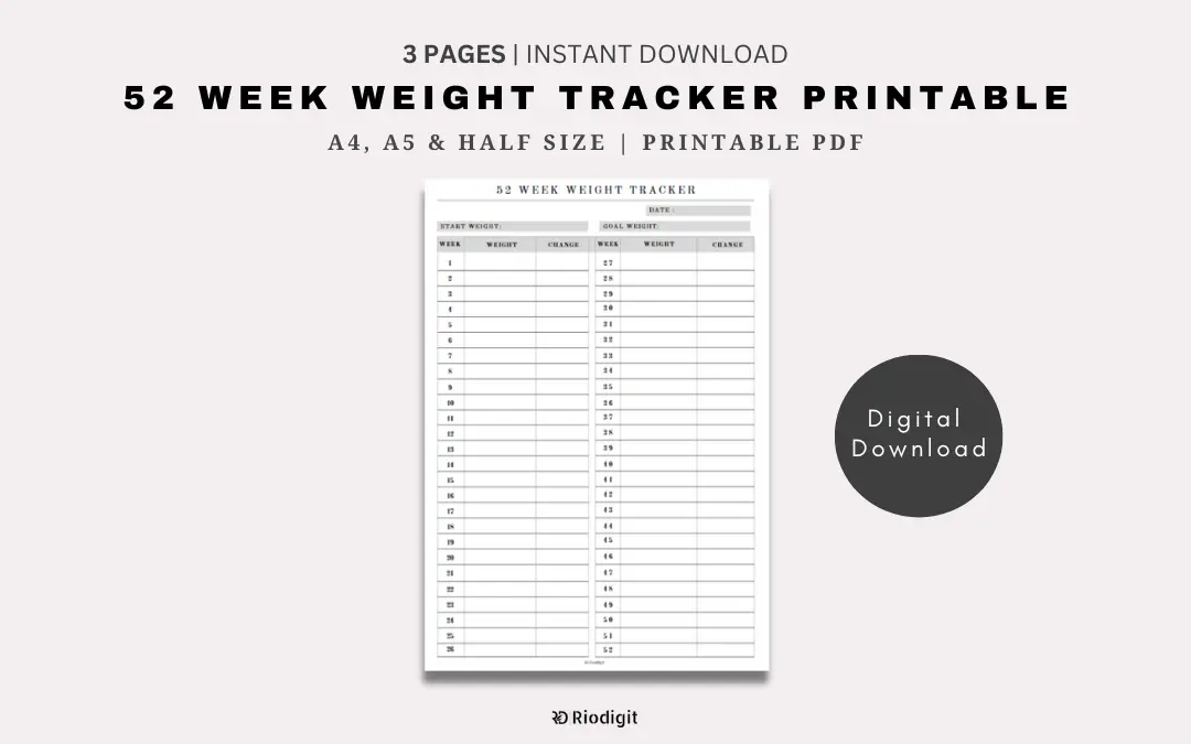 52 Week Weight Tracker Printable - Riodigit: Design assets Printables ...